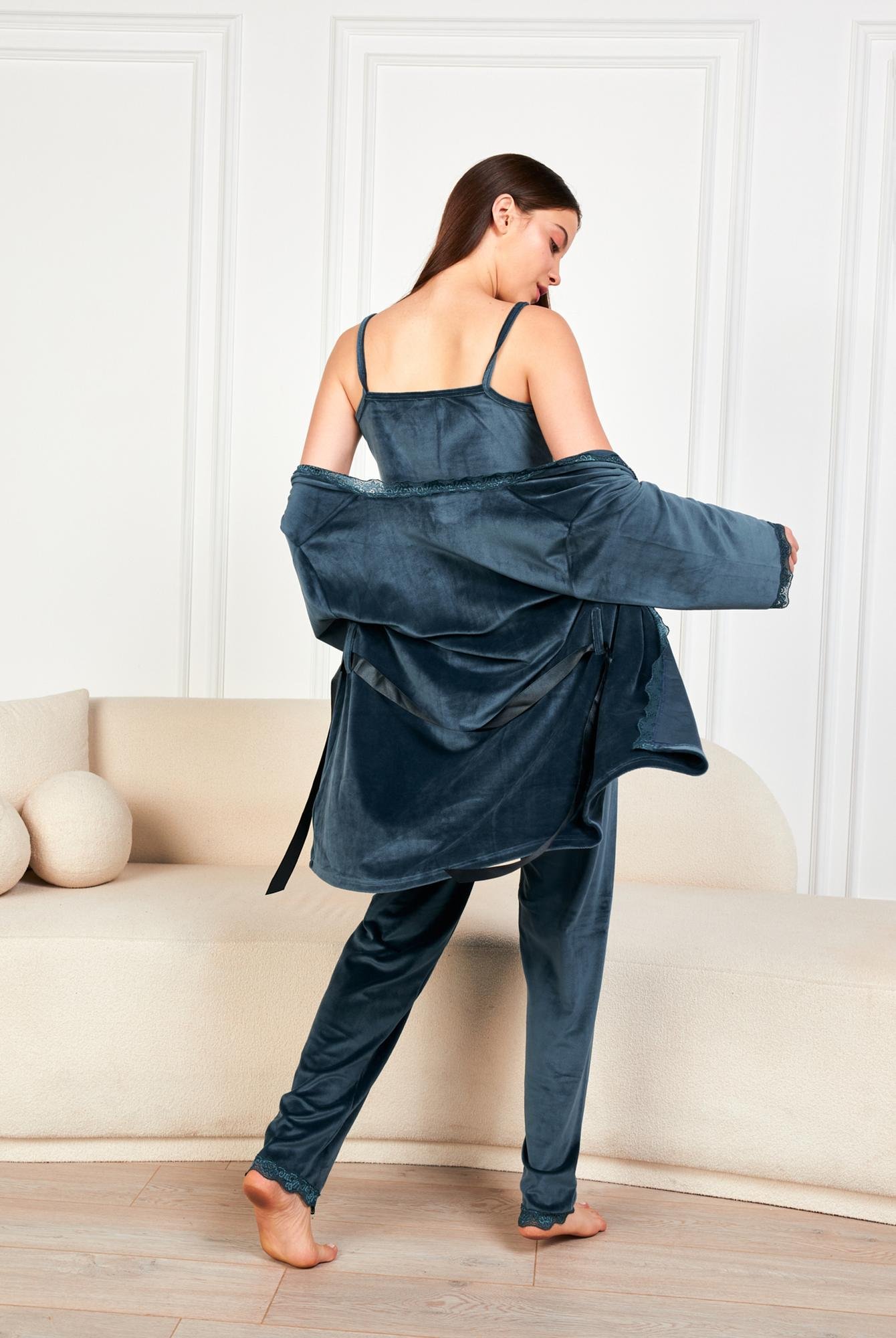  Ecrou Kadın Petrol Soft Kadife Truvakar Kol İp Askılı Pantolon 3Lü Pijama Takım