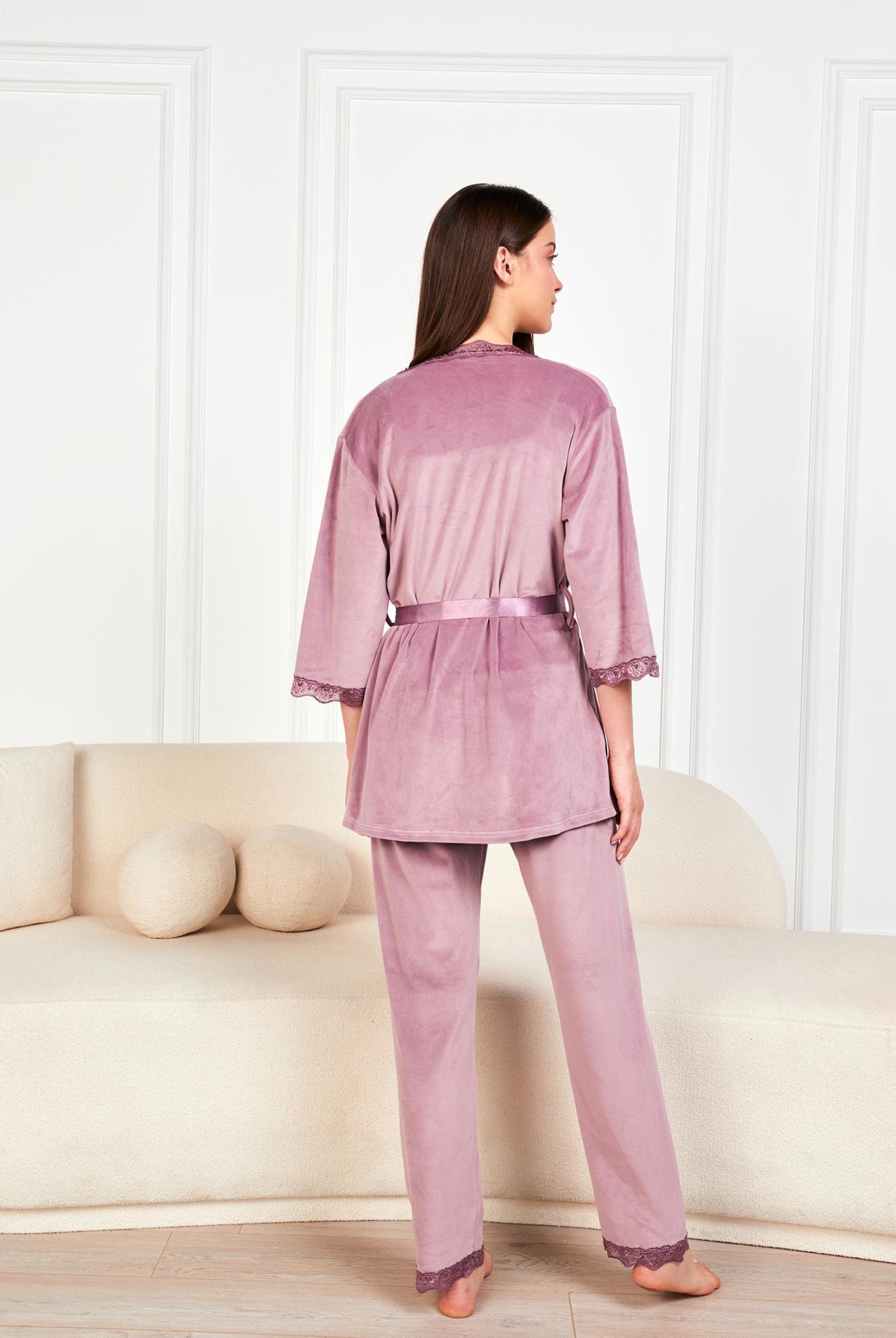  Ecrou Kadın Lila Soft Kadife Truvakar Kol İp Askılı Pantolon 3Lü Pijama Takım