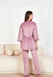  Ecrou Kadın Lila Soft Kadife Truvakar Kol İp Askılı Pantolon 3Lü Pijama Takım
