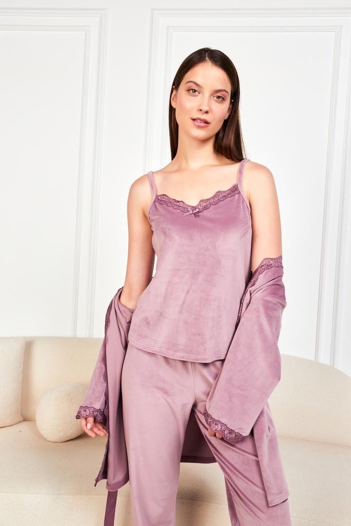 Ecrou Kadın Lila Soft Kadife Truvakar Kol İp Askılı Pantolon 3Lü Pijama Takım