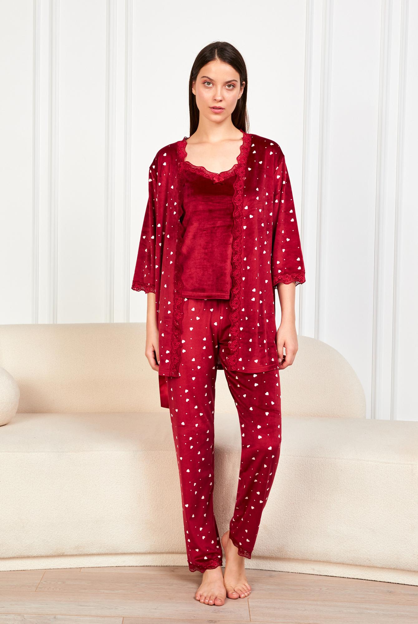  Ecrou Bordo Ekru Kalpli Soft Kadife Truvakar Kol İp askılı Pantolon 3Lü Pijama Takım