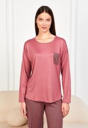  Kadın Pudra Çizgili Cepli Tişört 2li Pijama Takımı