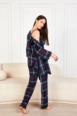 Ecrou Lacivert Ekose Soft Kadife Truvakar Kol İp askılı Pantolon 3Lü Pijama Takım