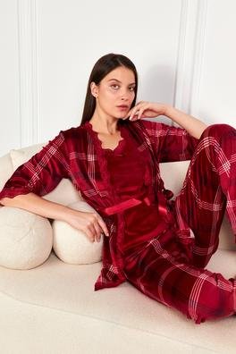 Ecrou Bordo Ekose Soft Kadife Truvakar Kol İp askılı Pantolon 3Lü Pijama Takım
