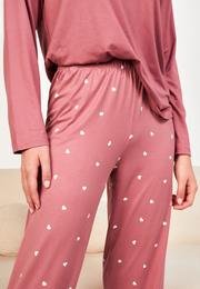  Kadın Pudra Kalpli Cepli Tişört 2li Pijama Takımı