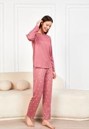  Kadın Pudra Kalpli Cepli Tişört 2li Pijama Takımı