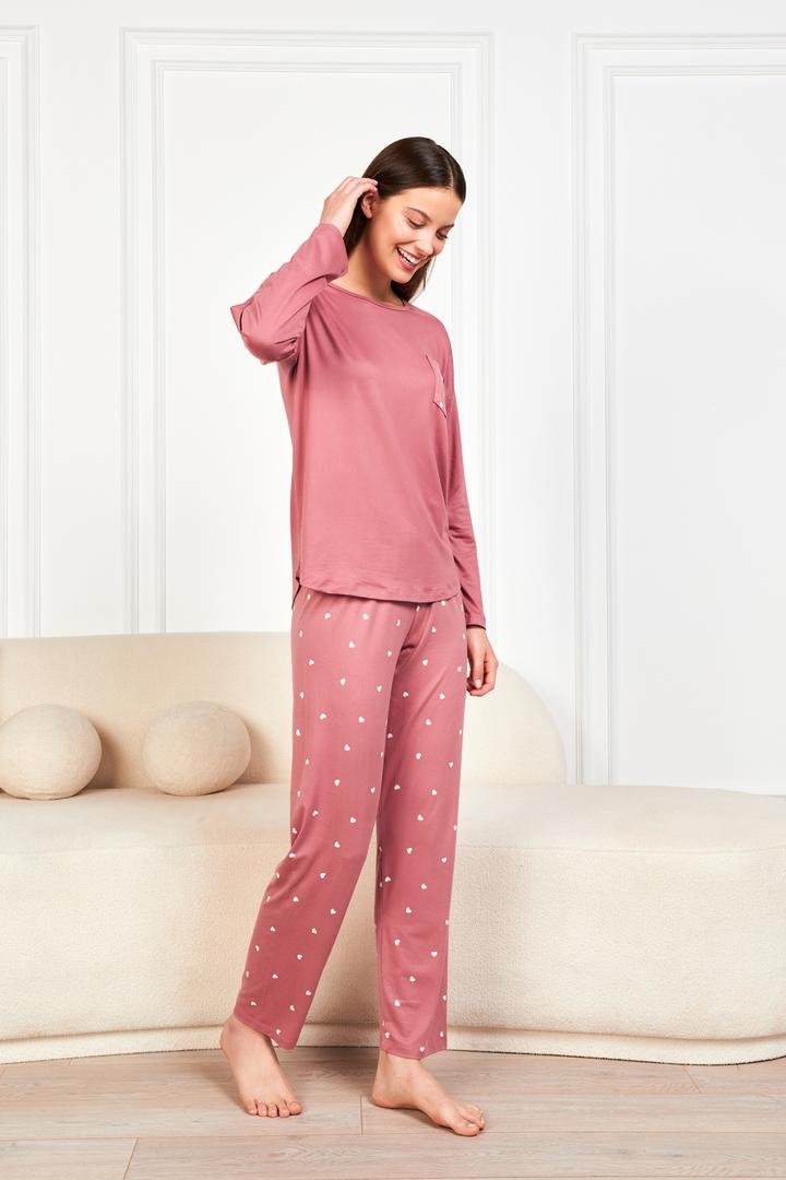 Kadın Pudra Kalpli Cepli Tişört 2li Pijama Takımı