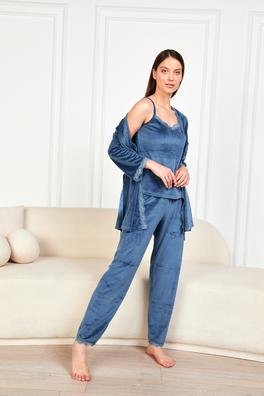 Ecrou Kadın Petrol Mavi Soft Kadife Truvakar Kol İp Askılı Pantolon 3Lü Pijama Takım
