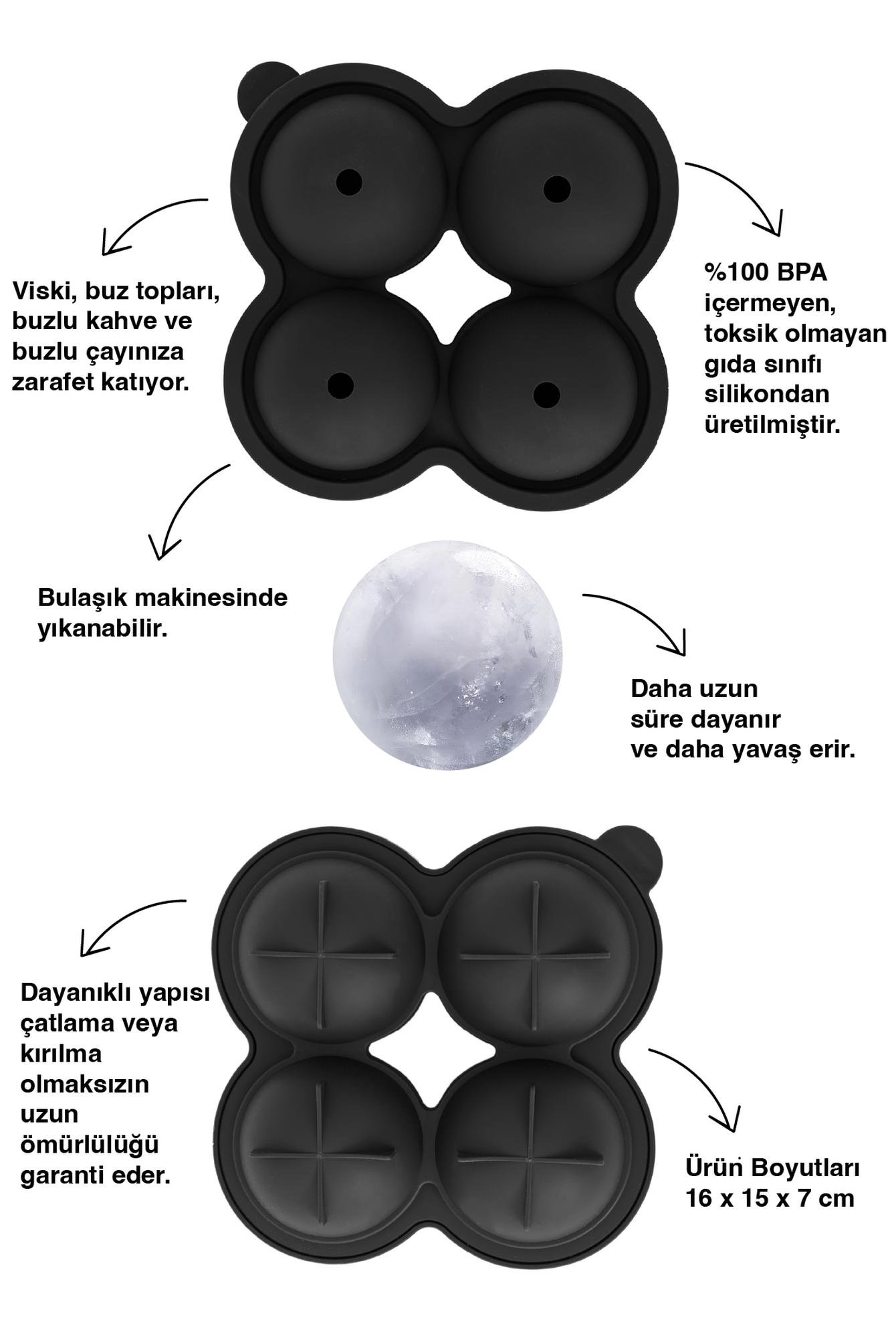  Ecrou Shot Çok Amaçlı 4Bölmeli Siyah Silikon Küre Buz Kalıbı  16 x 15 x 7 cm