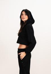  Ecrou Kadın Siyah Kapüşonlu Modal Crop Sweat
