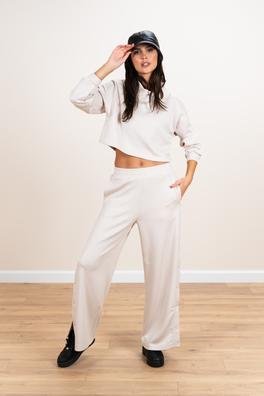 Ecrou Kadın Taş Modal Yanı Çıtçıtlı Bol Paça Örme Pantolon