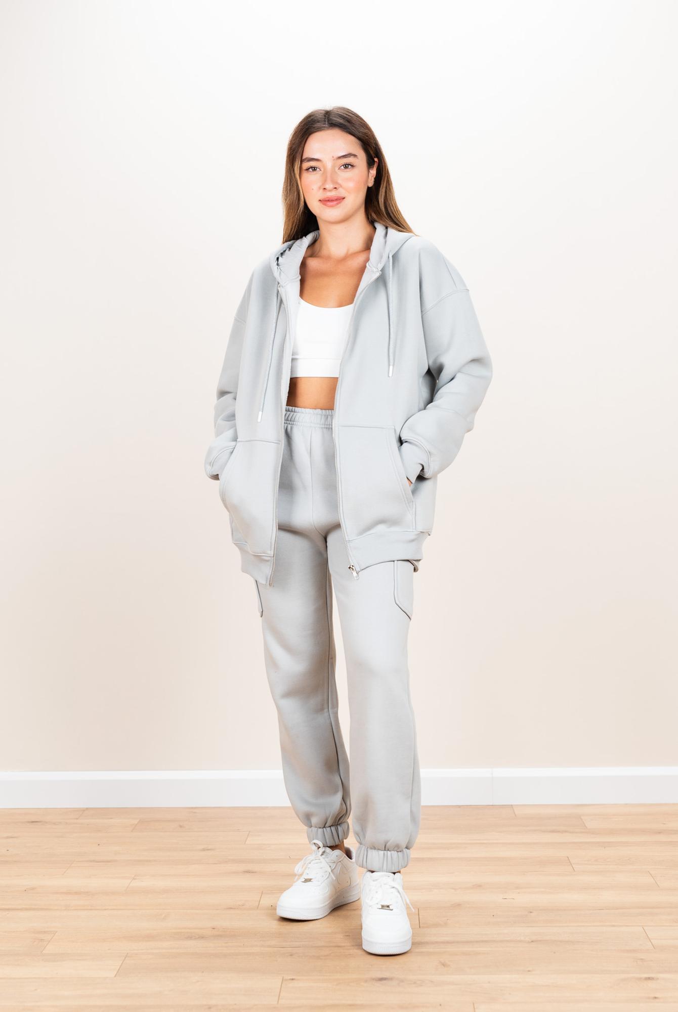  Ecrou Kadın Gri Kapüşonlu Oversize Basic Örme Hırka