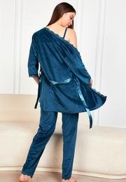  Ecrou Kadın İndigo Soft Kadife Truvakar Kol İp Askılı Pantolon 3Lü Pijama Takım