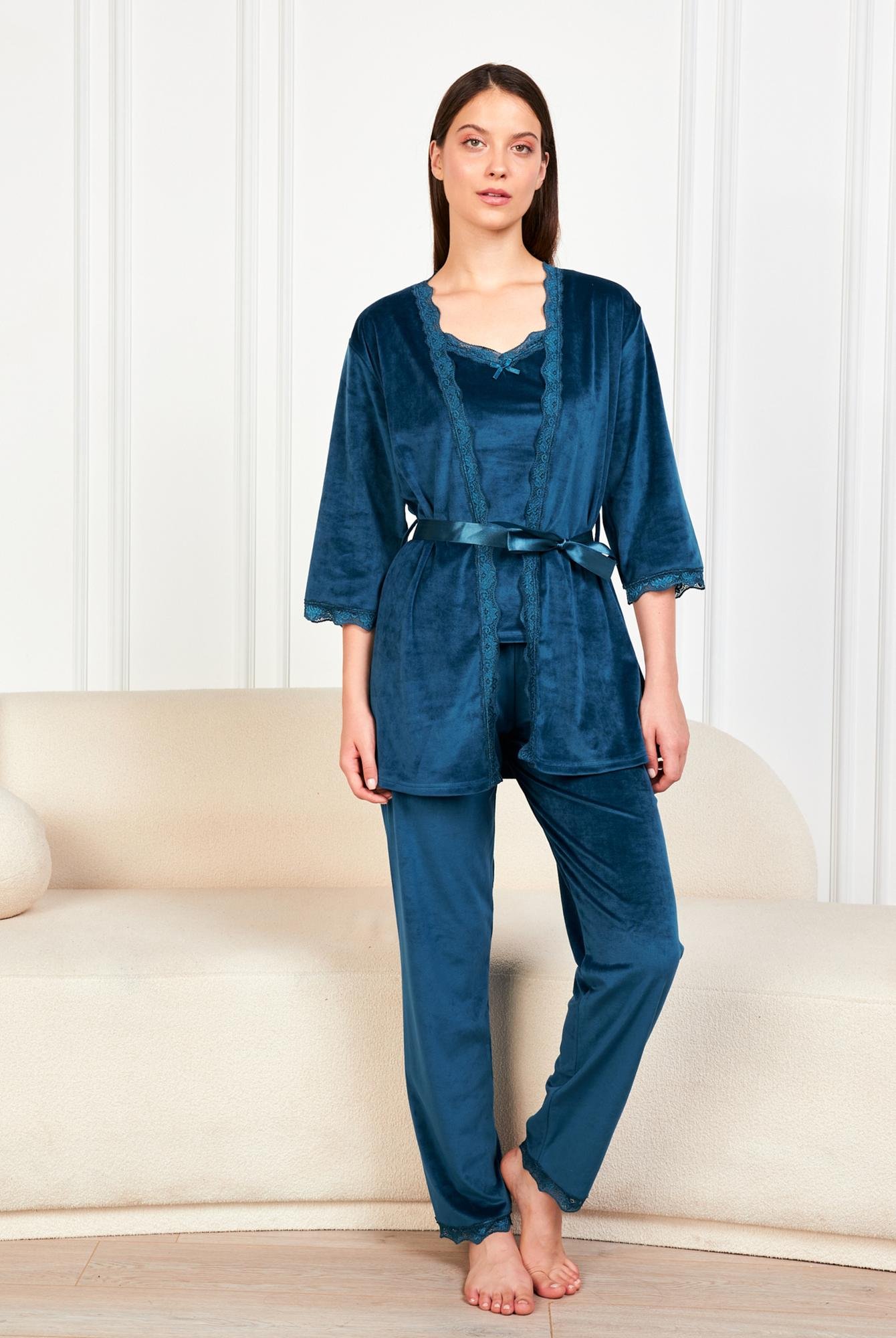  Ecrou Kadın İndigo Soft Kadife Truvakar Kol İp Askılı Pantolon 3Lü Pijama Takım