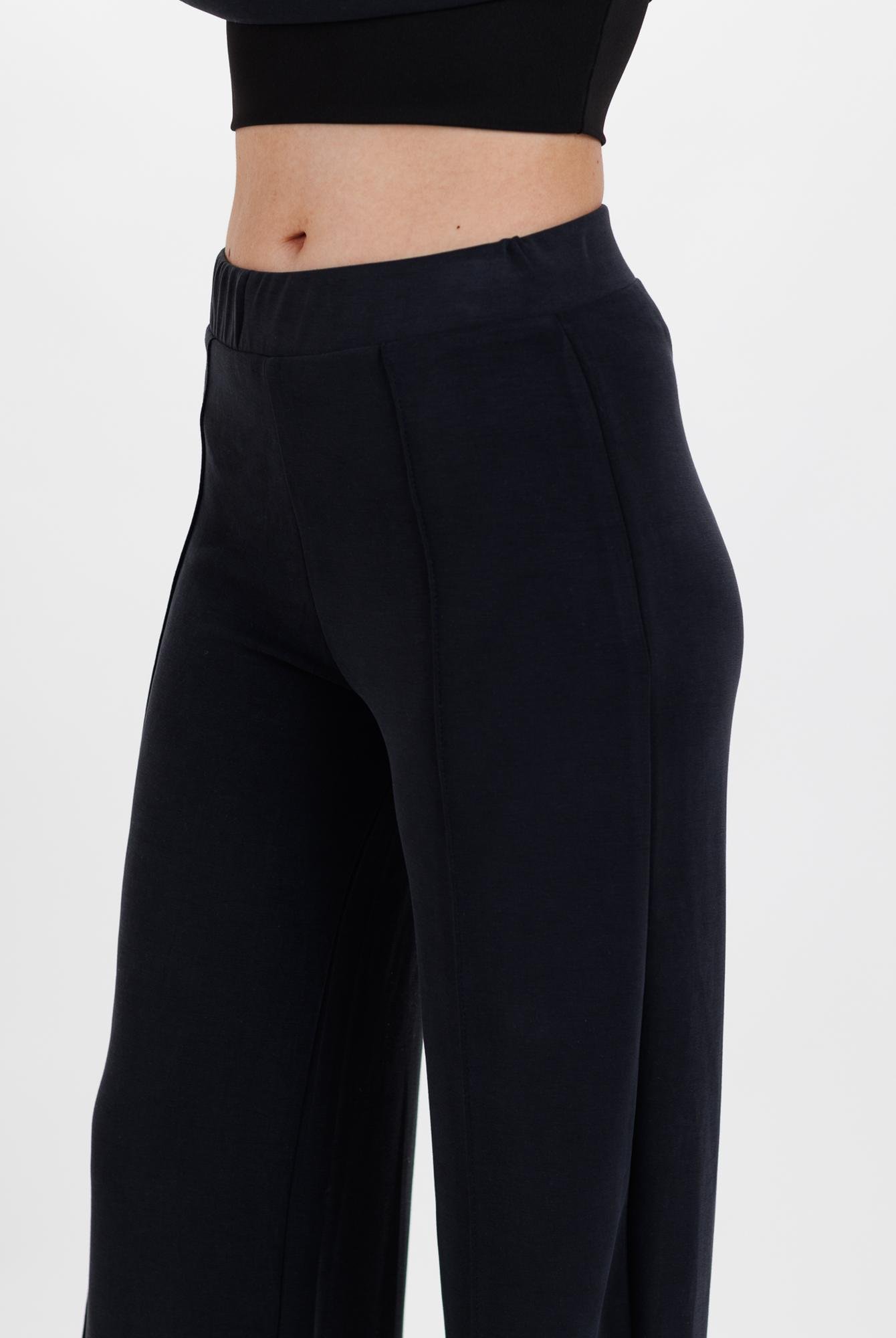  Ecrou Kadın Siyah Önü Nervurlu Bol Paça Ultra Soft Örme Pantolon