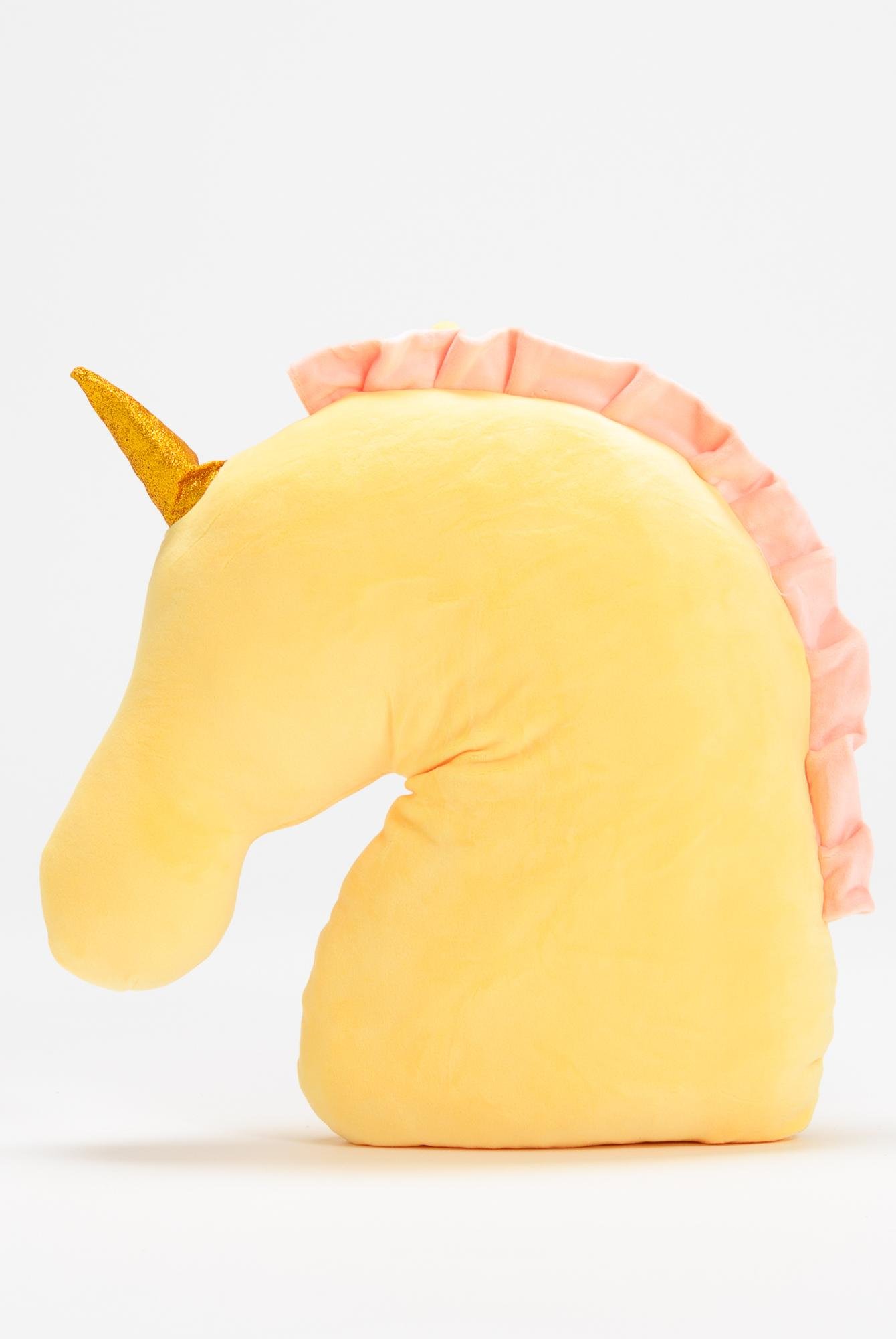  Ecrou Unicorn Karakterli Simli Nakışlı Pelüş Kumaş Dekoratif Yastık 35 x 33 x 11 cm Sarı