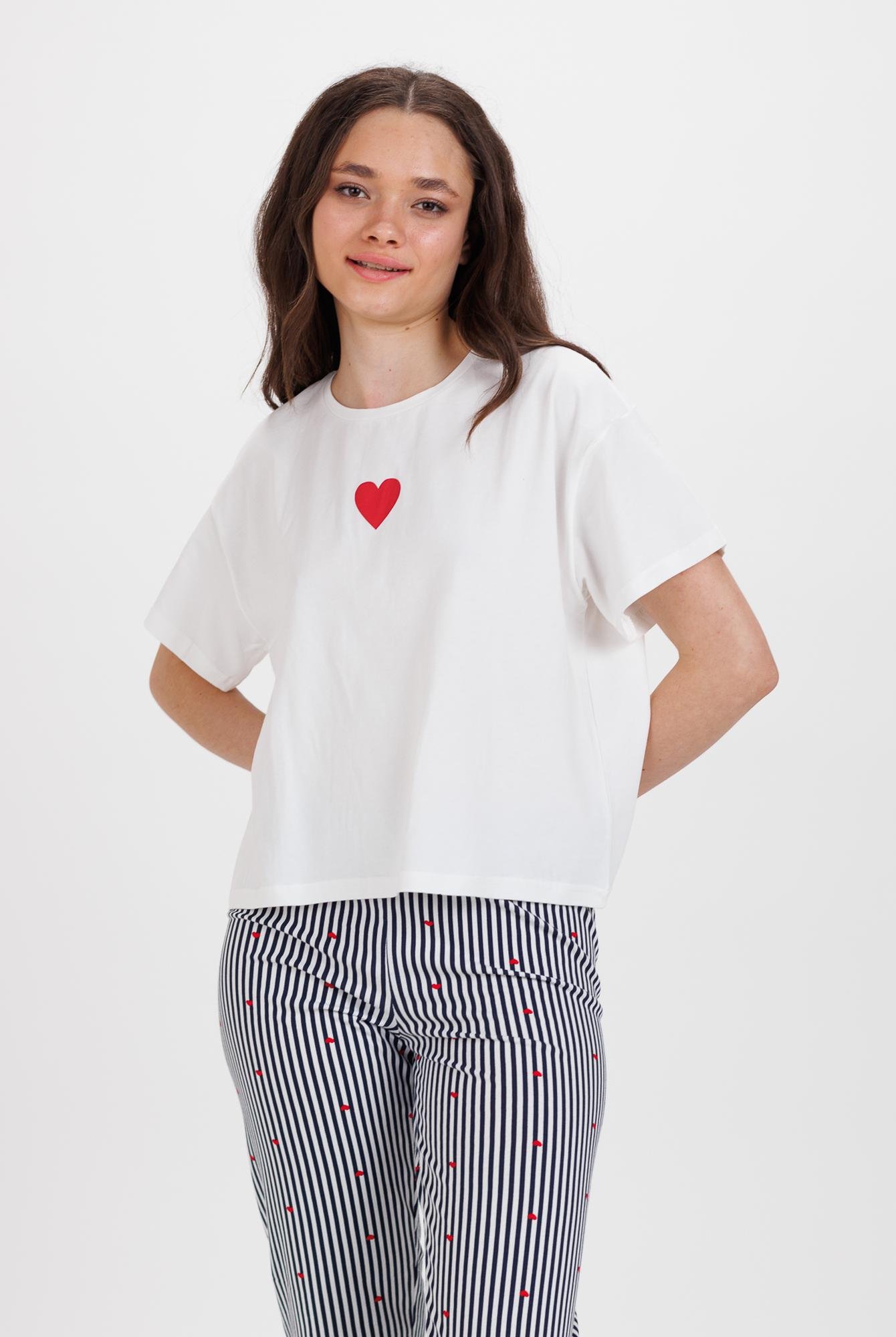  Ecrou Kadın Ekru Büyük Kalp Baskılı Panolont Pijama 2Li Takım