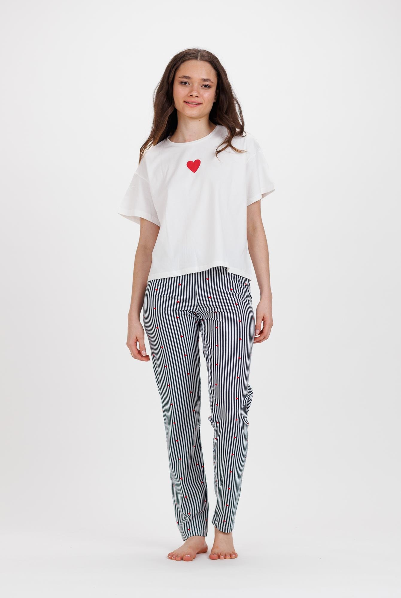  Ecrou Kadın Ekru Büyük Kalp Baskılı Panolont Pijama 2Li Takım