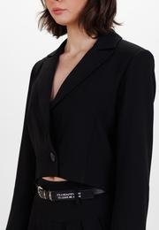  Ecrou Kadın Siyah Düğmeli Uzun Kol Crop Dokuma Ceket