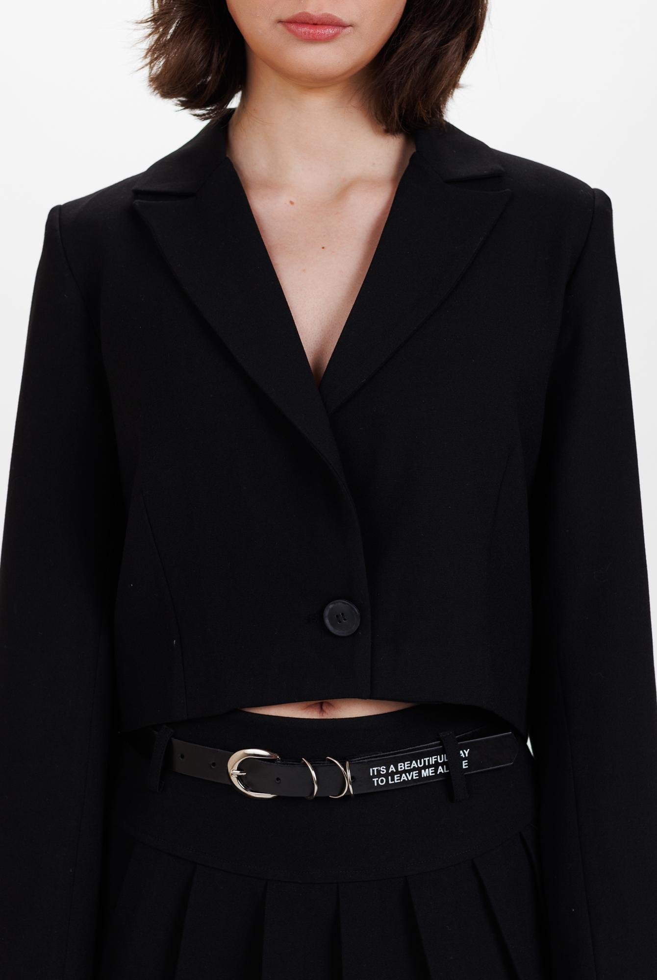  Ecrou Kadın Siyah Düğmeli Uzun Kol Crop Dokuma Ceket