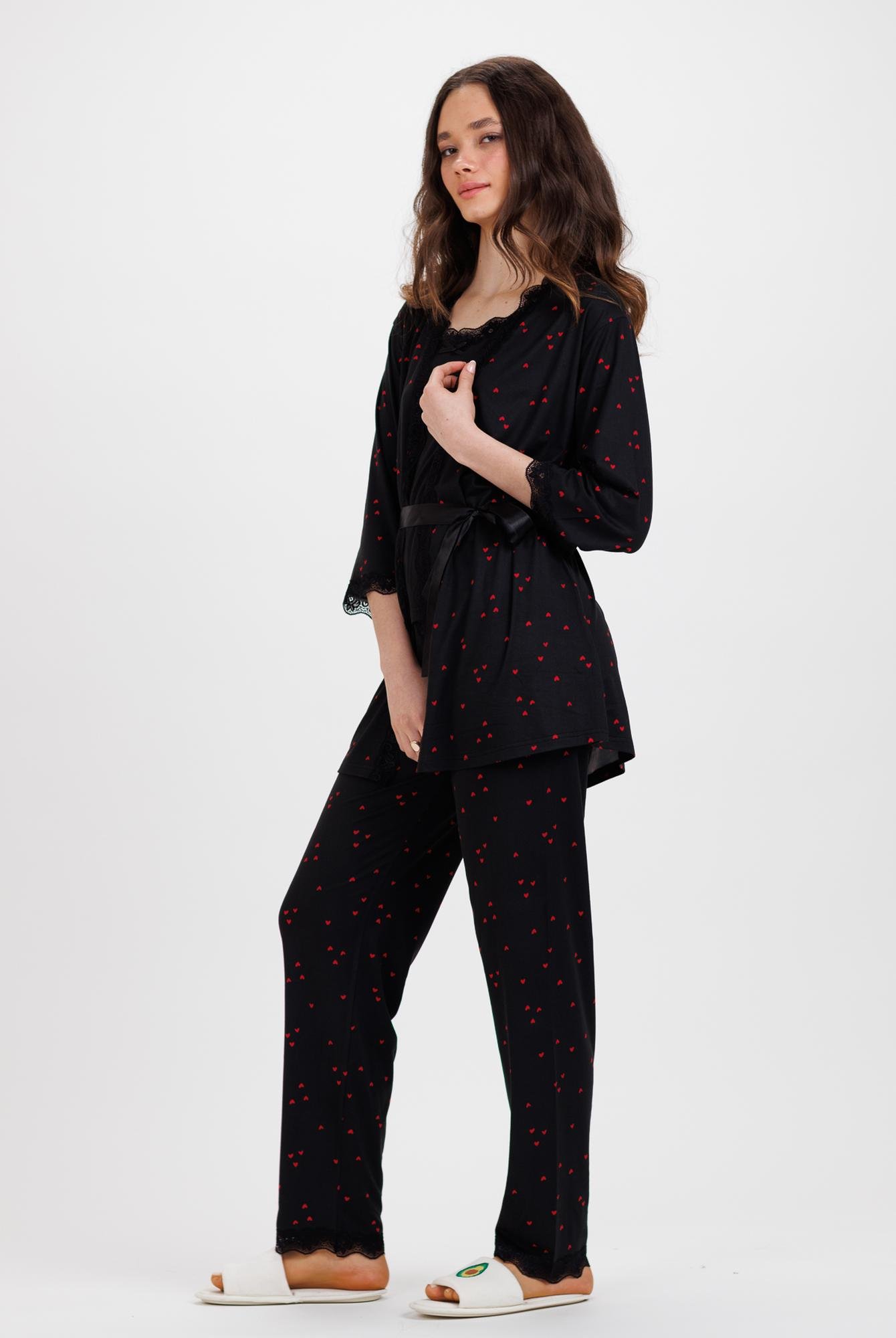  Ecrou Kadın Siyah Kırmızı Kalpli İp Askılı Truvakar Kol Uzun Alt 3Lü Pijama Takım