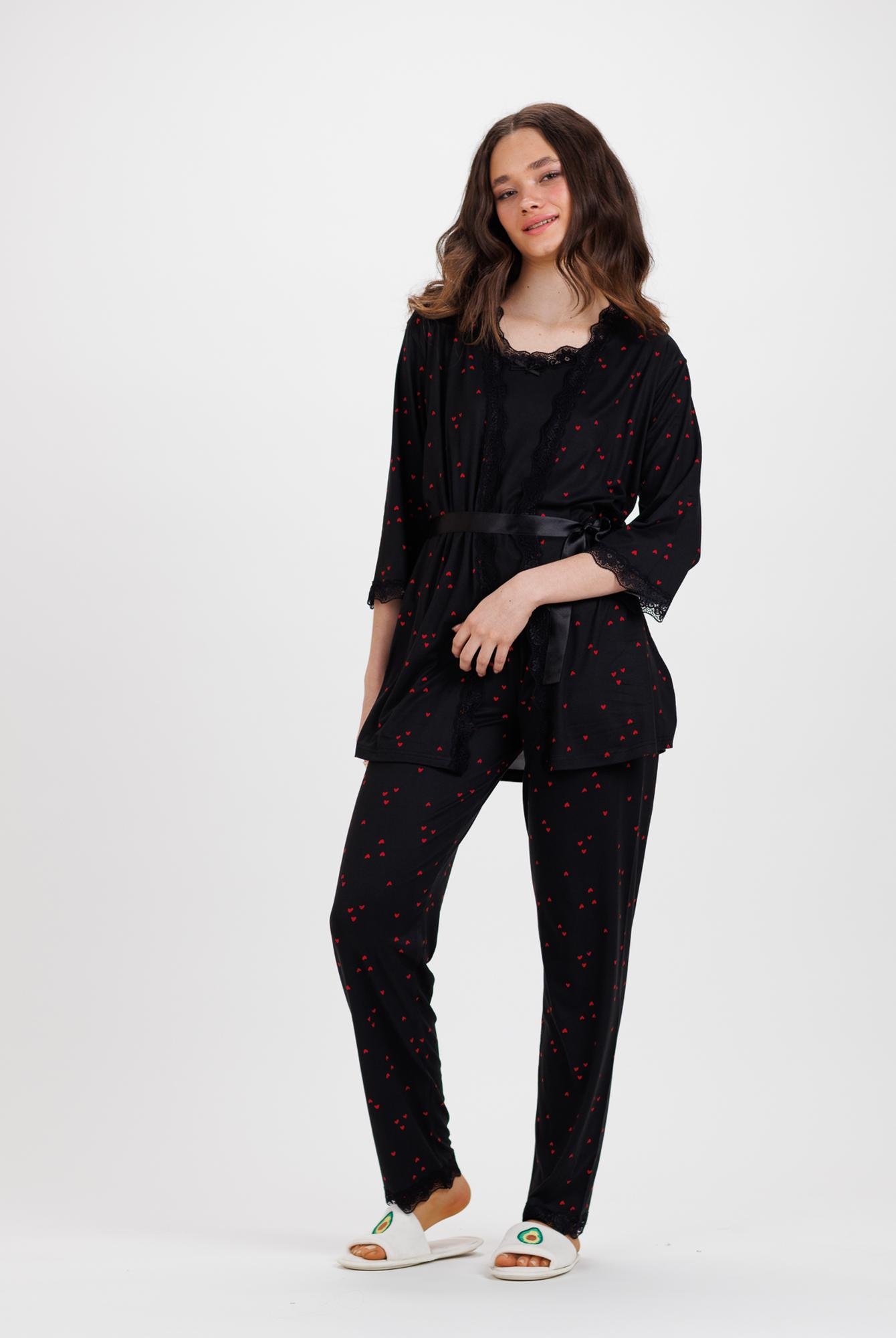 Ecrou Kadın Siyah Kırmızı Kalpli İp Askılı Truvakar Kol Uzun Alt 3Lü Pijama Takım