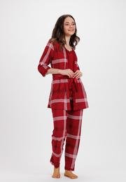  Ecrou Kadın Bordo Ekose İp Askılı Truvakar Kol Uzun Alt 3Lü Pijama Takım