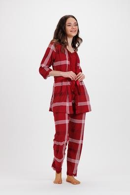 Ecrou Kadın Bordo Ekose İp Askılı Truvakar Kol Uzun Alt 3Lü Pijama Takım