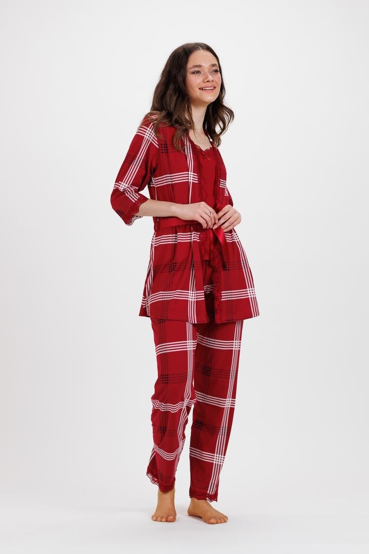 Ecrou Kadın Bordo Ekose İp Askılı Truvakar Kol Uzun Alt 3Lü Pijama Takım