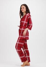  Ecrou Kadın Bordo Ekose İp Askılı Truvakar Kol Uzun Alt 3Lü Pijama Takım