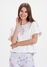  Ecrou Kadın Mavi Çicekli Ayıcıklı Baskılı Panolont Pijama 2Li Takım