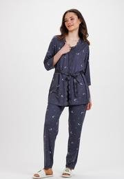  Ecrou Kadın Gri Ekru Ayyıldız İp Askılı Truvakar Kol Uzun Alt 3Lü Pijama Takım
