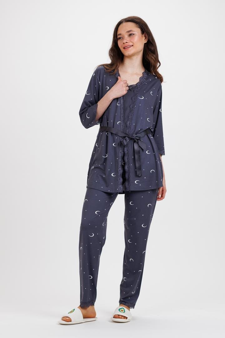 Ecrou Kadın Gri Ekru Ayyıldız İp Askılı Truvakar Kol Uzun Alt 3Lü Pijama Takım