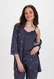  Ecrou Kadın Gri Ekru Ayyıldız İp Askılı Truvakar Kol Uzun Alt 3Lü Pijama Takım