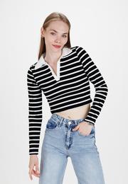  Ecrou Kadın Siyah Çizgili V Polo Yaka Crop Uzun Kol Body