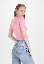  Ecrou Kadın Pembe Kare Yaka Ribana Crop Body
