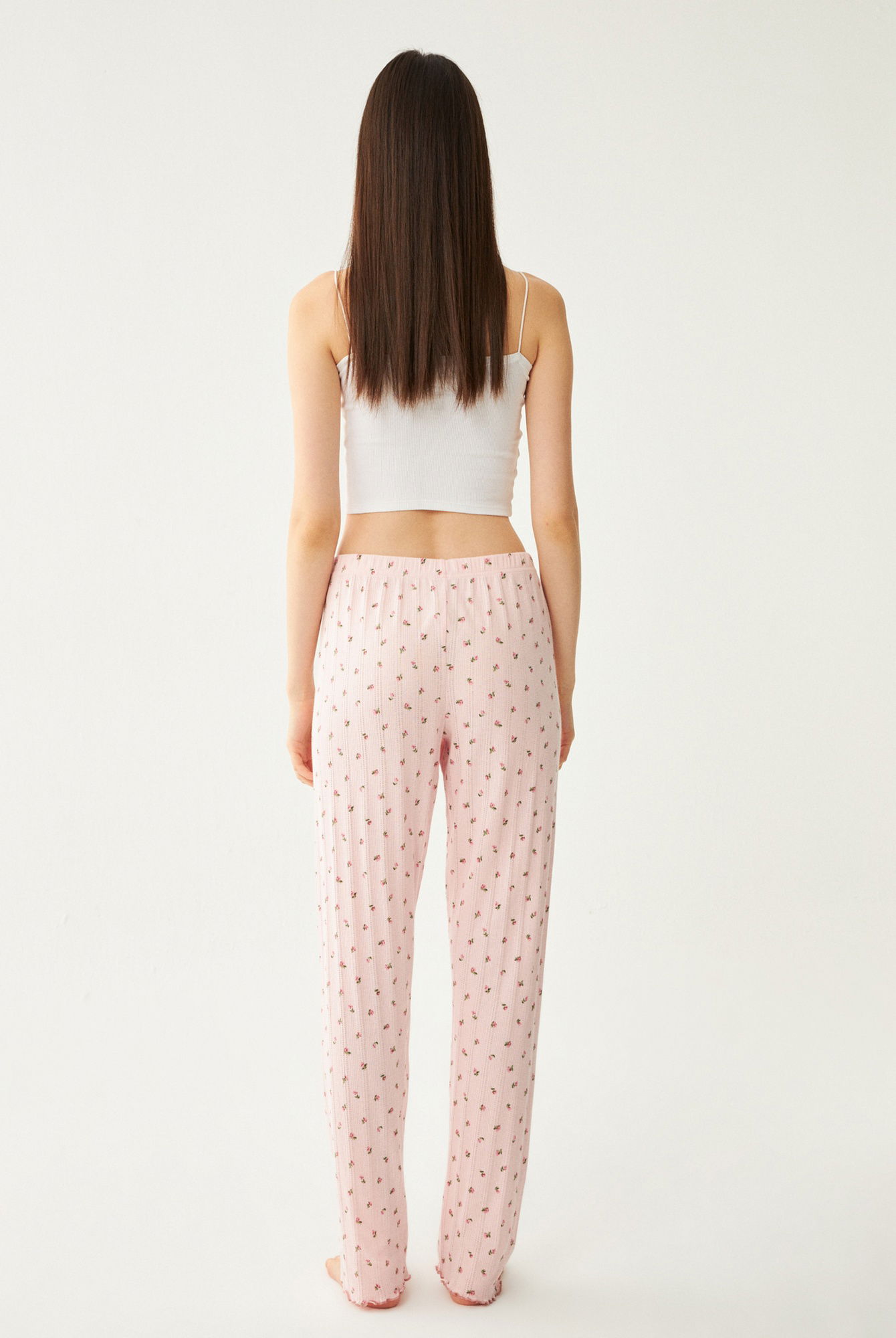  Ecrou Kadın Pembe Çıtır Çiçek Desenli Baby Overlok Tek Pijama Pantolon