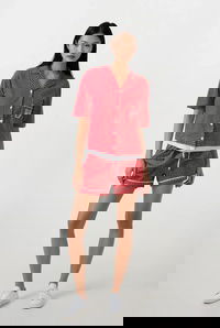  Ecrou Kadın Kırmızı Pitikare Desenli Bebe Yaka Kısa Kol Şort Pijama Takımı